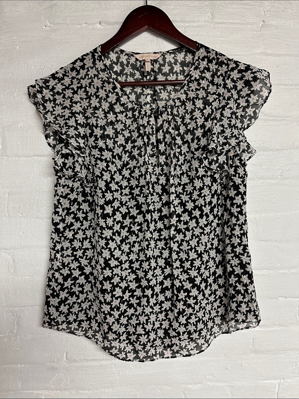 Rebecca Taylor Silk Black & White Floral Ruffle Sleeve Blouse
